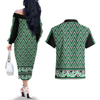 New Zealand Maori Niho Taniwha Couples Matching Off The Shoulder Long Sleeve Dress and Hawaiian Shirt Kakariki Mangopare and Puhoro Pattern LT9 - Polynesian Pride