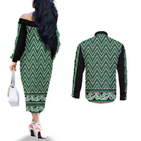 New Zealand Maori Niho Taniwha Couples Matching Off The Shoulder Long Sleeve Dress and Long Sleeve Button Shirt Kakariki Mangopare and Puhoro Pattern LT9 - Polynesian Pride