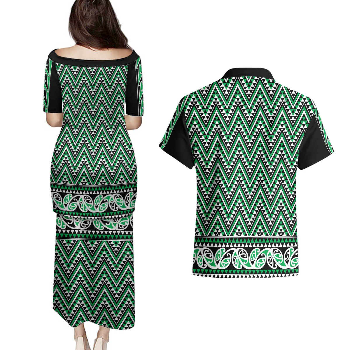 New Zealand Maori Niho Taniwha Couples Matching Puletasi and Hawaiian Shirt Kakariki Mangopare and Puhoro Pattern LT9 - Polynesian Pride