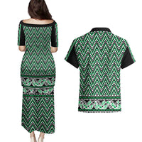 New Zealand Maori Niho Taniwha Couples Matching Puletasi and Hawaiian Shirt Kakariki Mangopare and Puhoro Pattern LT9 - Polynesian Pride