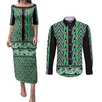 New Zealand Maori Niho Taniwha Couples Matching Puletasi and Long Sleeve Button Shirt Kakariki Mangopare and Puhoro Pattern LT9 Green - Polynesian Pride