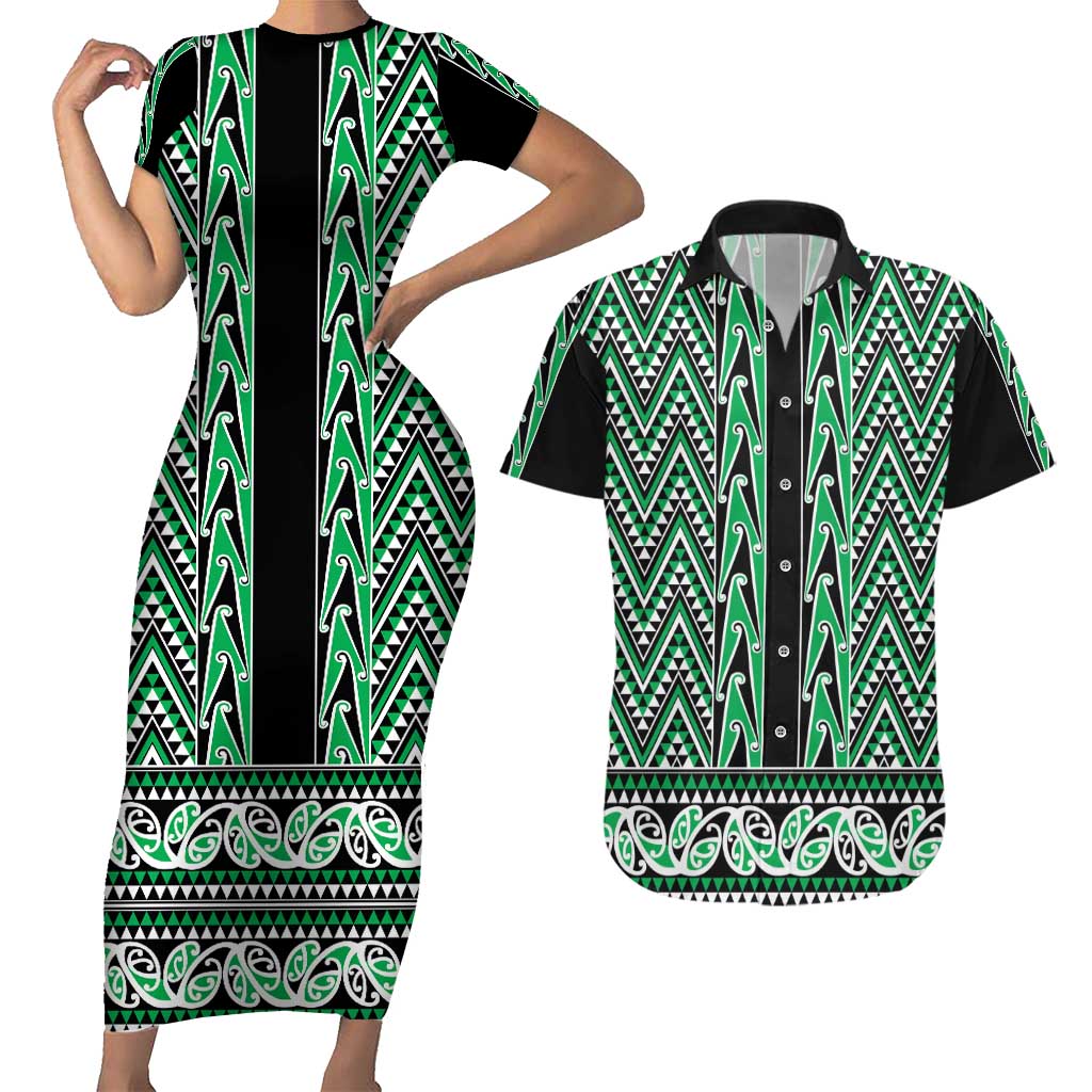 New Zealand Maori Niho Taniwha Couples Matching Short Sleeve Bodycon Dress and Hawaiian Shirt Kakariki Mangopare and Puhoro Pattern LT9 Green - Polynesian Pride