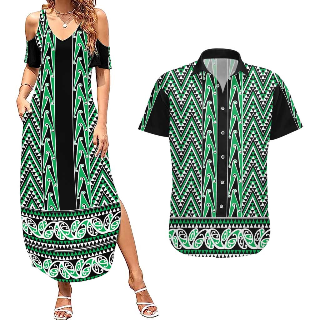New Zealand Maori Niho Taniwha Couples Matching Summer Maxi Dress and Hawaiian Shirt Kakariki Mangopare and Puhoro Pattern LT9 Green - Polynesian Pride