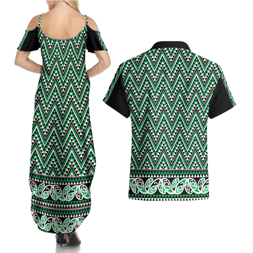 New Zealand Maori Niho Taniwha Couples Matching Summer Maxi Dress and Hawaiian Shirt Kakariki Mangopare and Puhoro Pattern LT9 - Polynesian Pride