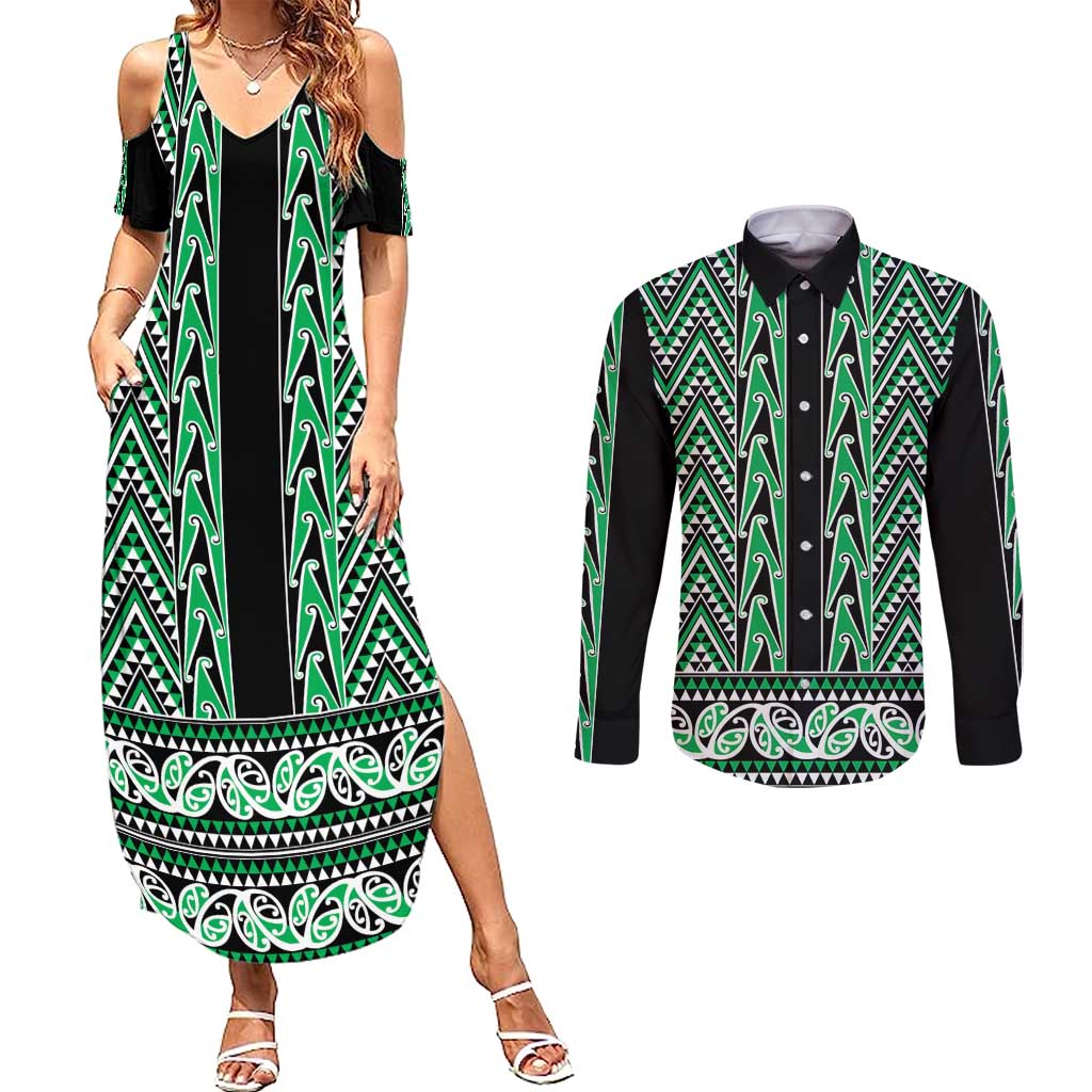 New Zealand Maori Niho Taniwha Couples Matching Summer Maxi Dress and Long Sleeve Button Shirt Kakariki Mangopare and Puhoro Pattern LT9 Green - Polynesian Pride