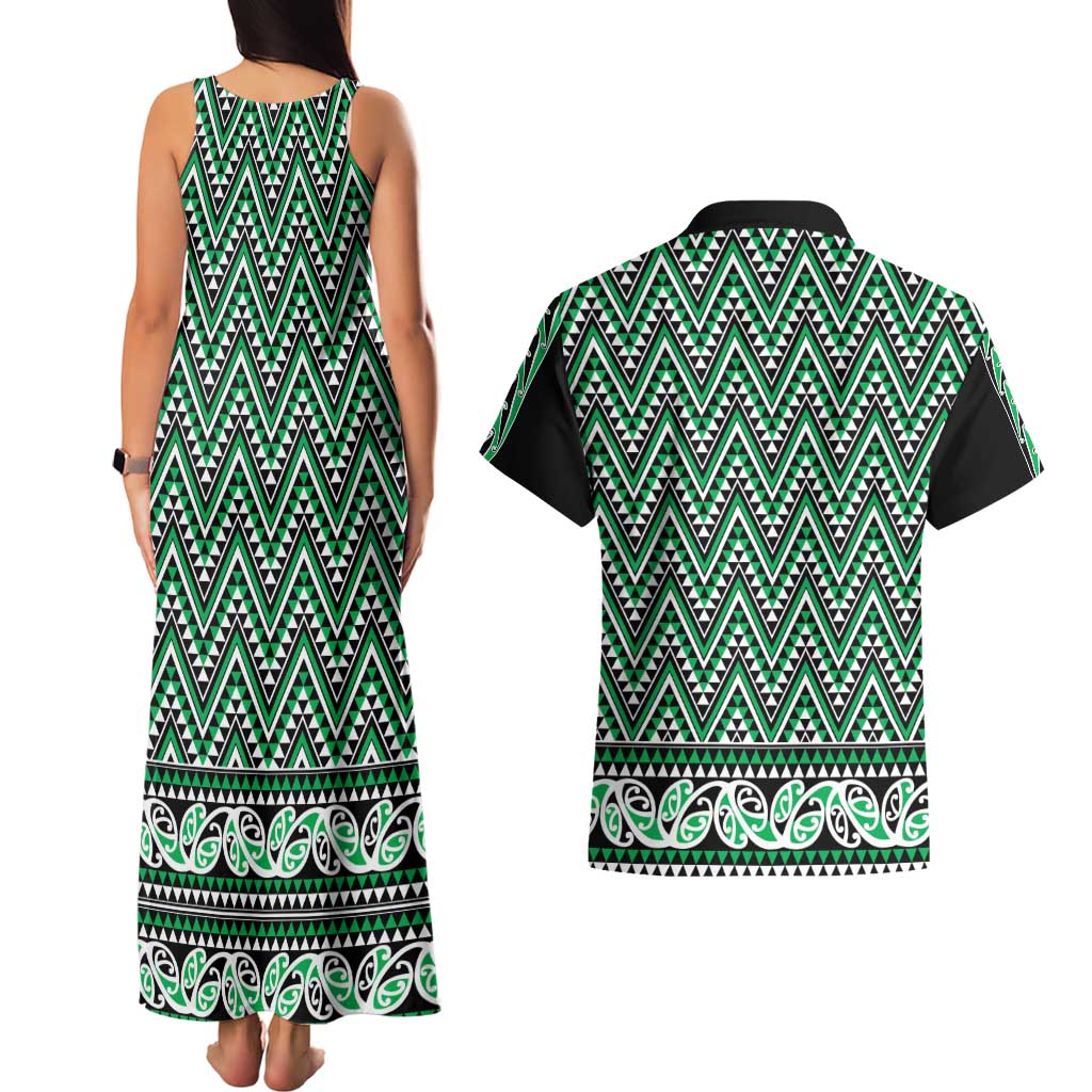 New Zealand Maori Niho Taniwha Couples Matching Tank Maxi Dress and Hawaiian Shirt Kakariki Mangopare and Puhoro Pattern LT9 - Polynesian Pride