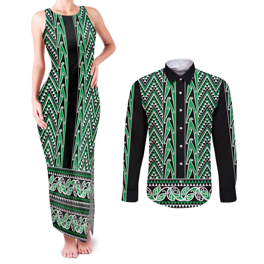 New Zealand Maori Niho Taniwha Couples Matching Tank Maxi Dress and Long Sleeve Button Shirt Kakariki Mangopare and Puhoro Pattern LT9 Green - Polynesian Pride