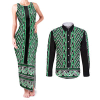 New Zealand Maori Niho Taniwha Couples Matching Tank Maxi Dress and Long Sleeve Button Shirt Kakariki Mangopare and Puhoro Pattern LT9 Green - Polynesian Pride