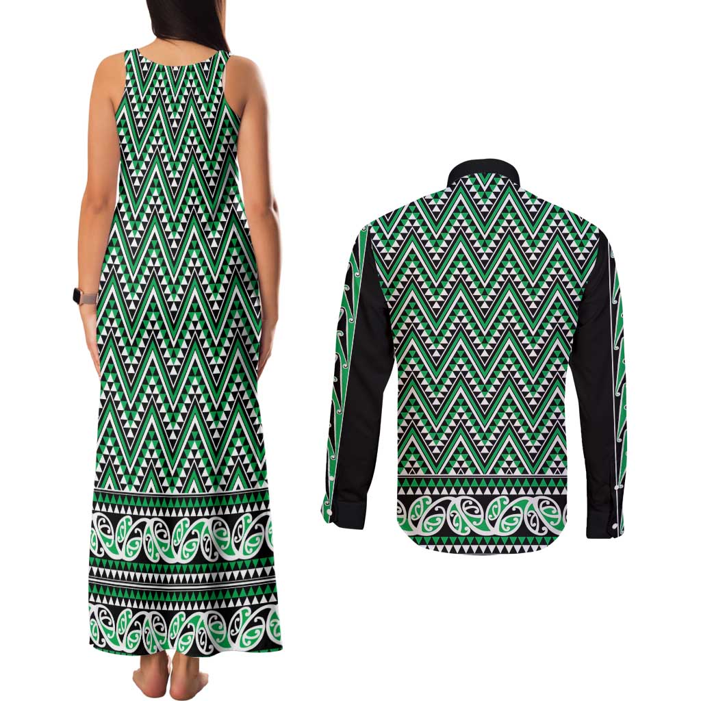 New Zealand Maori Niho Taniwha Couples Matching Tank Maxi Dress and Long Sleeve Button Shirt Kakariki Mangopare and Puhoro Pattern LT9 - Polynesian Pride