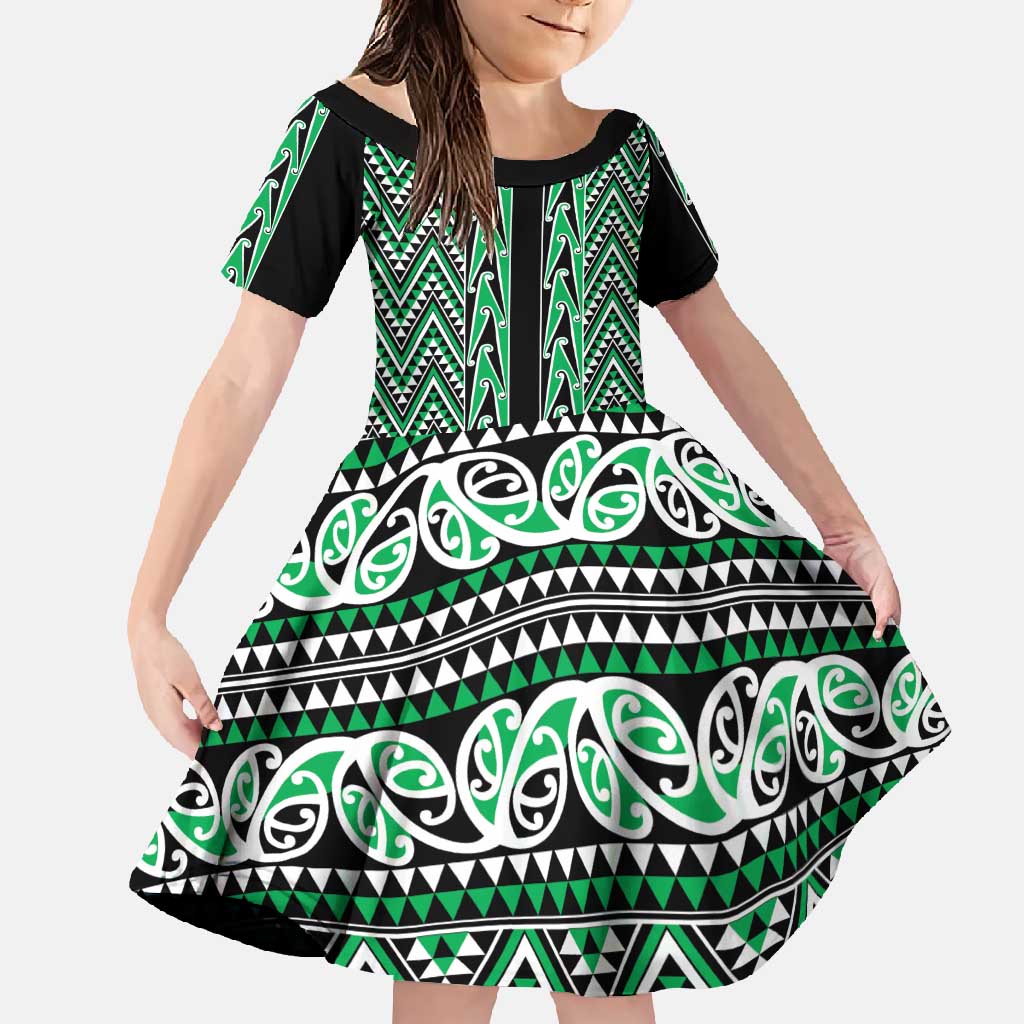 New Zealand Maori Niho Taniwha Family Matching Long Sleeve Bodycon Dress and Hawaiian Shirt Kakariki Mangopare and Puhoro Pattern LT9 Daughter's Dress Green - Polynesian Pride