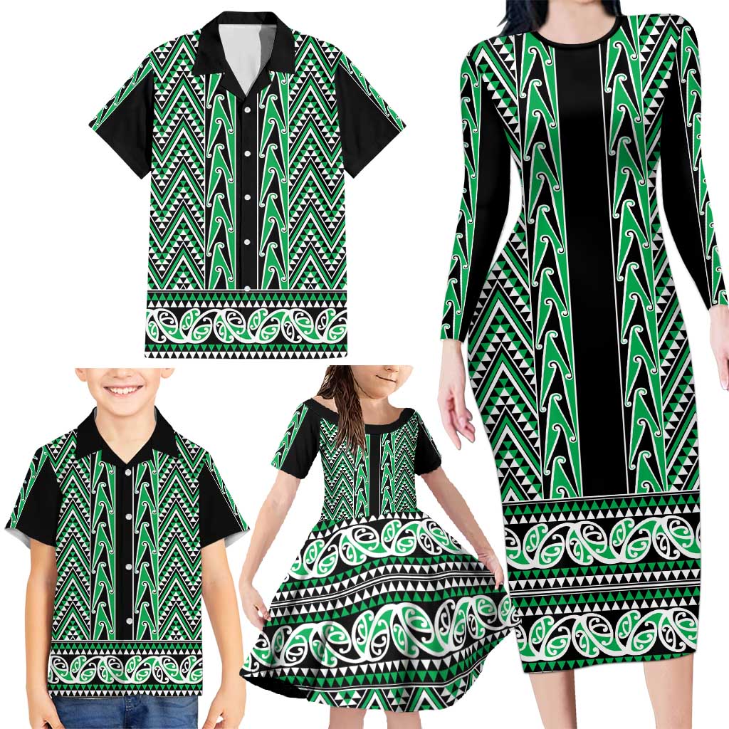 New Zealand Maori Niho Taniwha Family Matching Long Sleeve Bodycon Dress and Hawaiian Shirt Kakariki Mangopare and Puhoro Pattern LT9 - Polynesian Pride