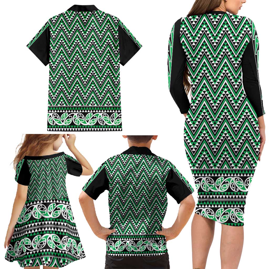 New Zealand Maori Niho Taniwha Family Matching Long Sleeve Bodycon Dress and Hawaiian Shirt Kakariki Mangopare and Puhoro Pattern LT9 - Polynesian Pride