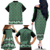 New Zealand Maori Niho Taniwha Family Matching Off The Shoulder Long Sleeve Dress and Hawaiian Shirt Kakariki Mangopare and Puhoro Pattern LT9 - Polynesian Pride