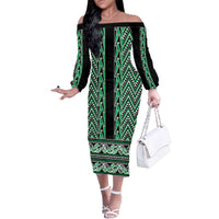 New Zealand Maori Niho Taniwha Family Matching Off The Shoulder Long Sleeve Dress and Hawaiian Shirt Kakariki Mangopare and Puhoro Pattern LT9 Mom's Dress Green - Polynesian Pride