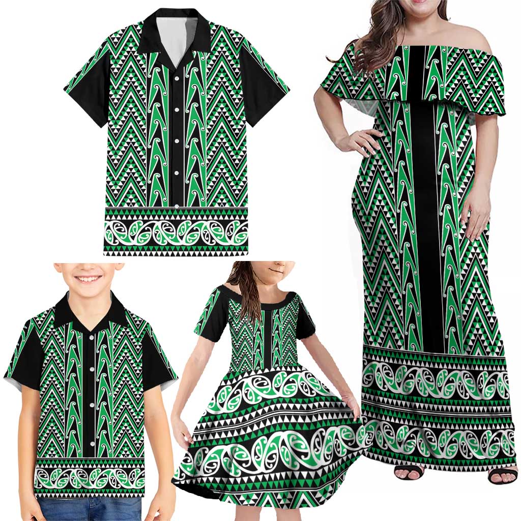 New Zealand Maori Niho Taniwha Family Matching Off Shoulder Maxi Dress and Hawaiian Shirt Kakariki Mangopare and Puhoro Pattern LT9 - Polynesian Pride