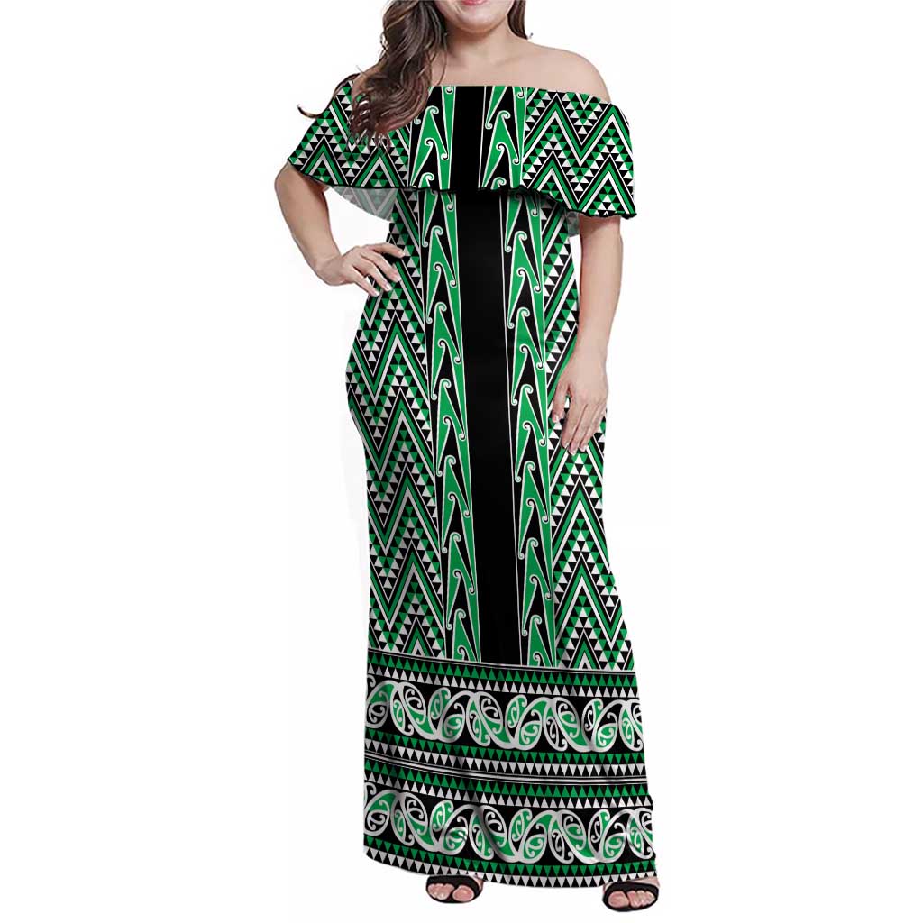 New Zealand Maori Niho Taniwha Family Matching Off Shoulder Maxi Dress and Hawaiian Shirt Kakariki Mangopare and Puhoro Pattern LT9 Mom's Dress Green - Polynesian Pride