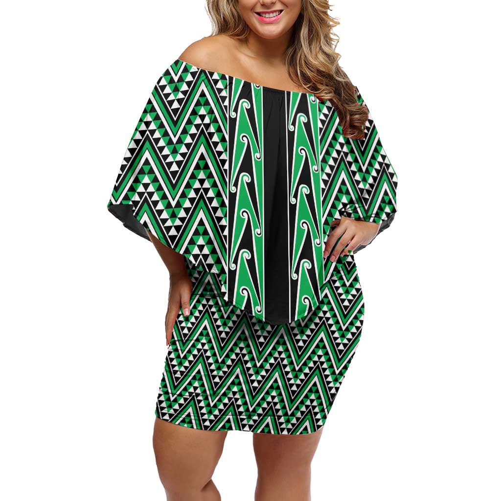 New Zealand Maori Niho Taniwha Family Matching Off Shoulder Short Dress and Hawaiian Shirt Kakariki Mangopare and Puhoro Pattern LT9 Mom's Dress Green - Polynesian Pride