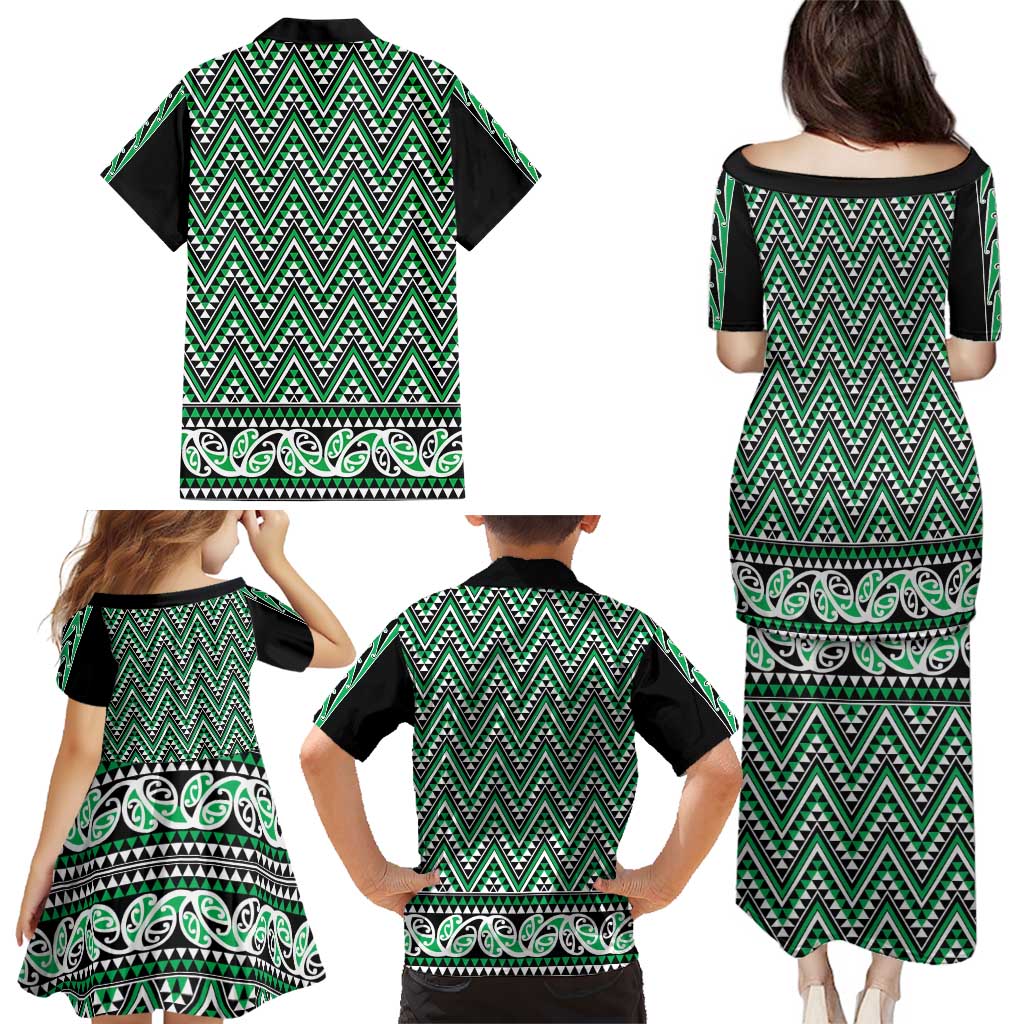 New Zealand Maori Niho Taniwha Family Matching Puletasi and Hawaiian Shirt Kakariki Mangopare and Puhoro Pattern LT9 - Polynesian Pride