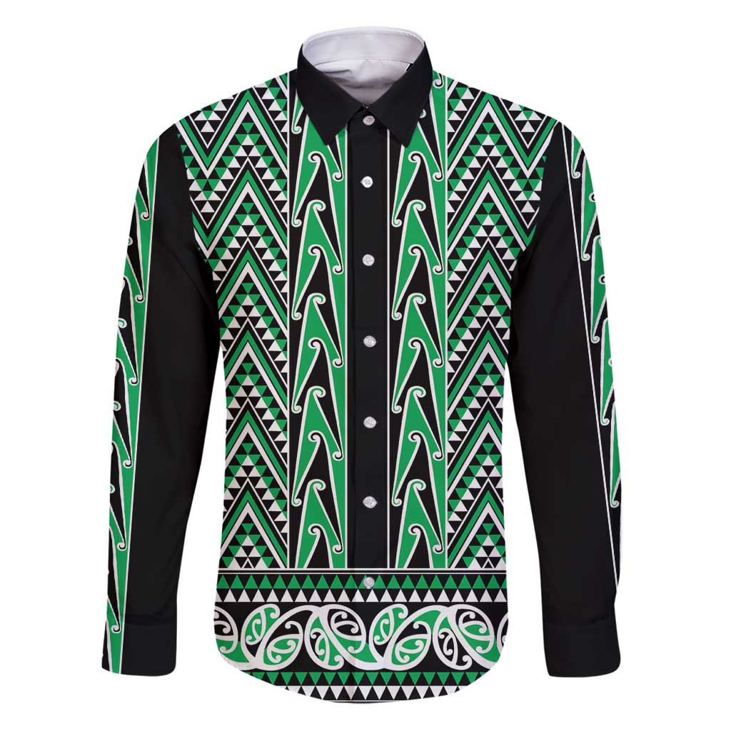 New Zealand Maori Niho Taniwha Family Matching Puletasi and Hawaiian Shirt Kakariki Mangopare and Puhoro Pattern LT9 Dad's Shirt - Long Sleeve Green - Polynesian Pride