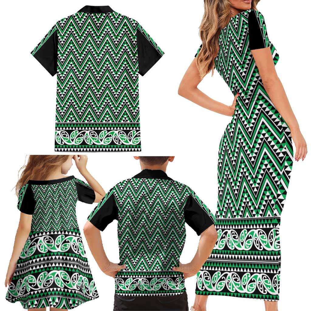 New Zealand Maori Niho Taniwha Family Matching Short Sleeve Bodycon Dress and Hawaiian Shirt Kakariki Mangopare and Puhoro Pattern LT9 - Polynesian Pride
