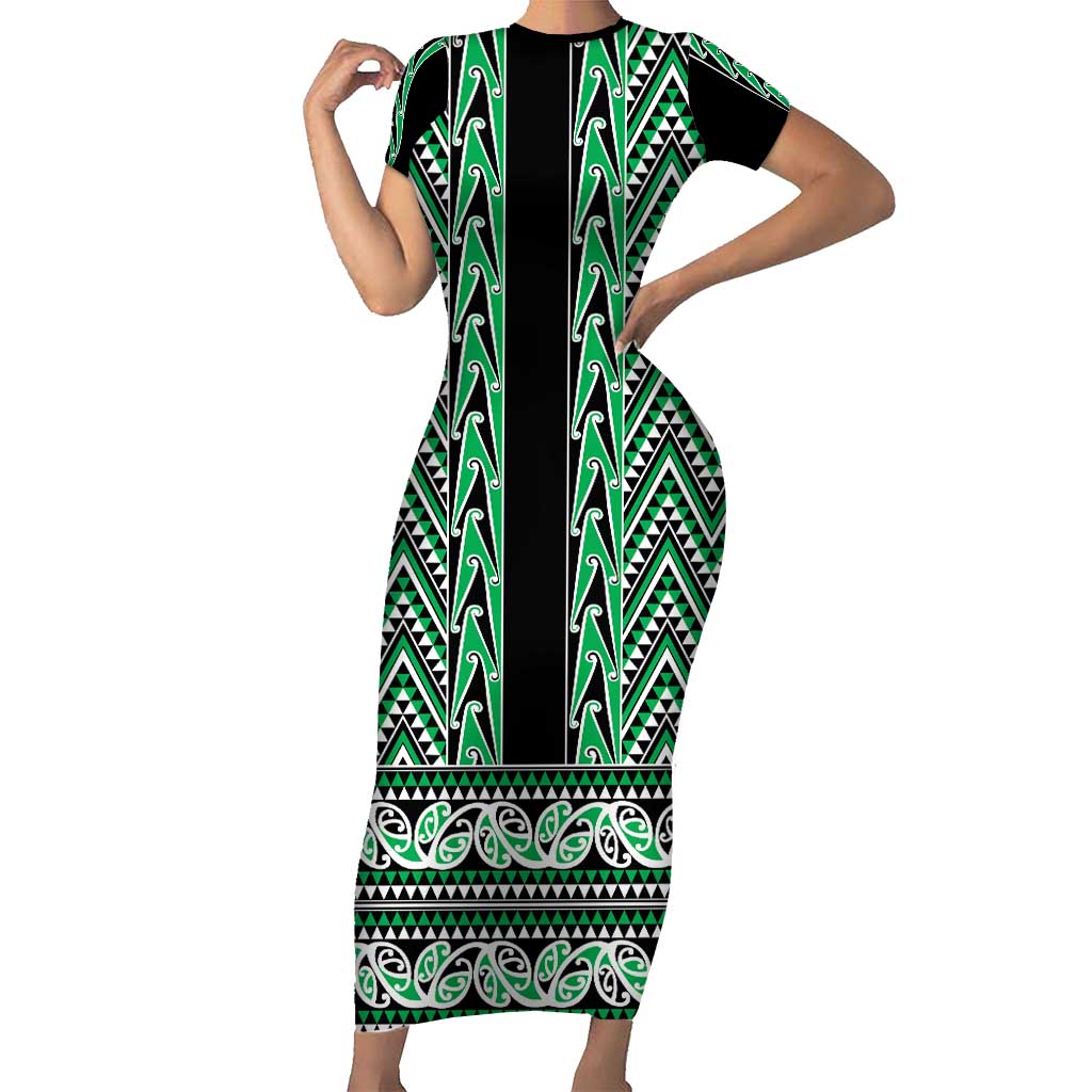 New Zealand Maori Niho Taniwha Family Matching Short Sleeve Bodycon Dress and Hawaiian Shirt Kakariki Mangopare and Puhoro Pattern LT9 Mom's Dress Green - Polynesian Pride