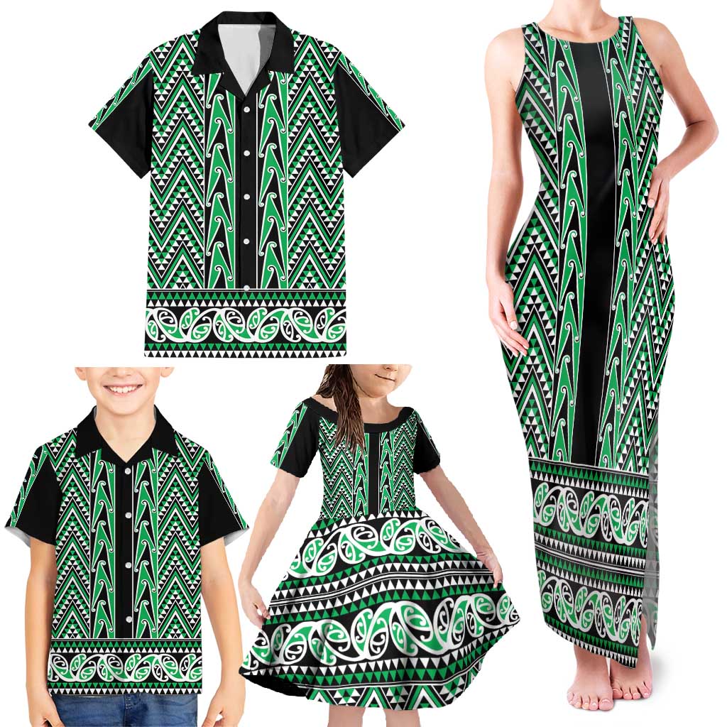New Zealand Maori Niho Taniwha Family Matching Tank Maxi Dress and Hawaiian Shirt Kakariki Mangopare and Puhoro Pattern LT9 - Polynesian Pride