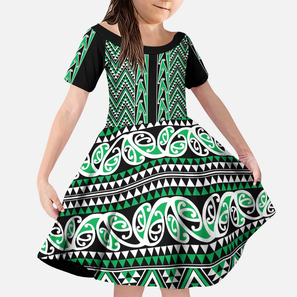 New Zealand Maori Niho Taniwha Kid Short Sleeve Dress Kakariki Mangopare and Puhoro Pattern LT9 KID Green - Polynesian Pride