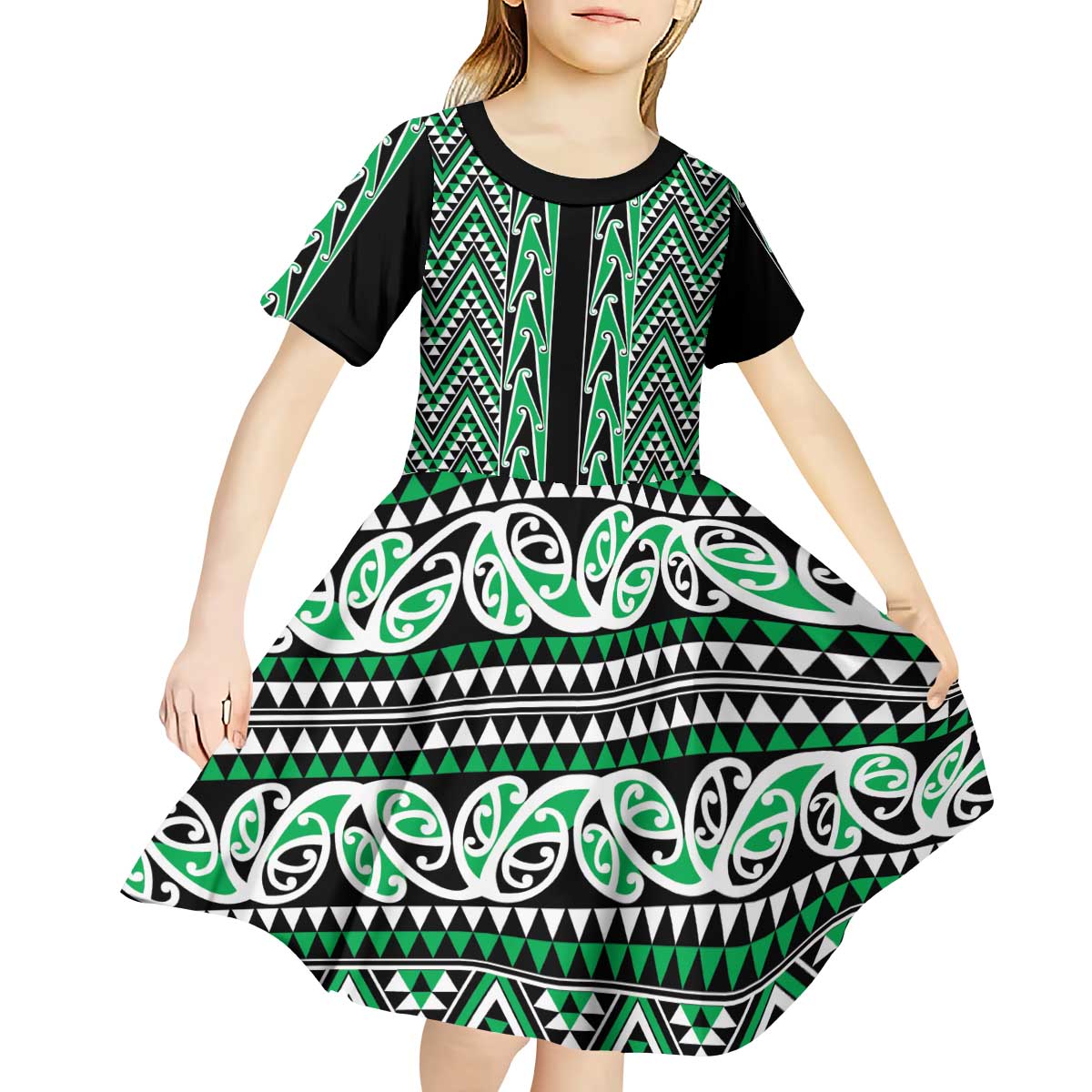 New Zealand Maori Niho Taniwha Kid Short Sleeve Dress Kakariki Mangopare and Puhoro Pattern LT9 - Polynesian Pride