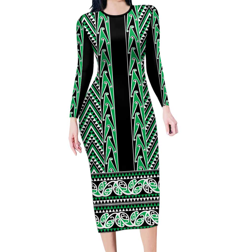 New Zealand Maori Niho Taniwha Long Sleeve Bodycon Dress Kakariki Mangopare and Puhoro Pattern LT9 Long Dress Green - Polynesian Pride