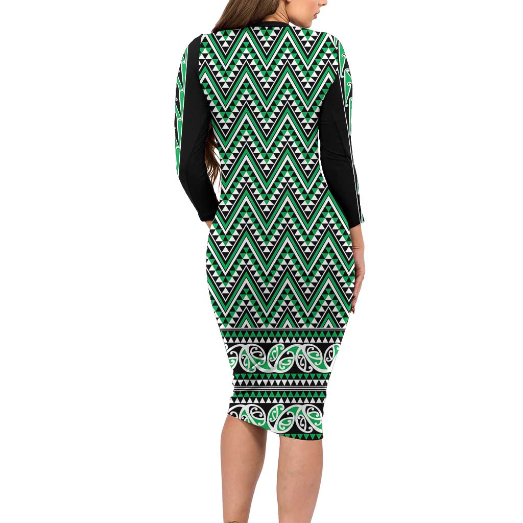 New Zealand Maori Niho Taniwha Long Sleeve Bodycon Dress Kakariki Mangopare and Puhoro Pattern LT9 - Polynesian Pride