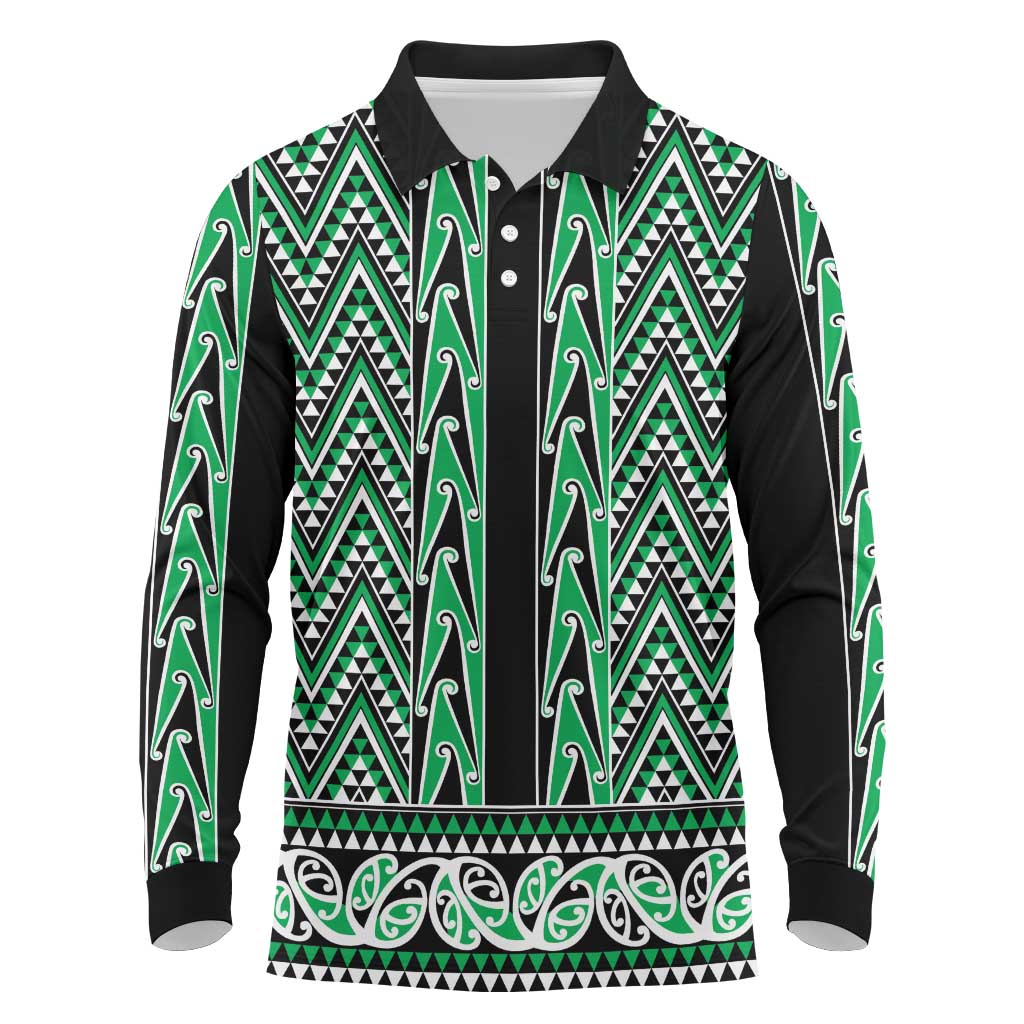 New Zealand Maori Niho Taniwha Long Sleeve Polo Shirt Kakariki Mangopare and Puhoro Pattern LT9 Green - Polynesian Pride