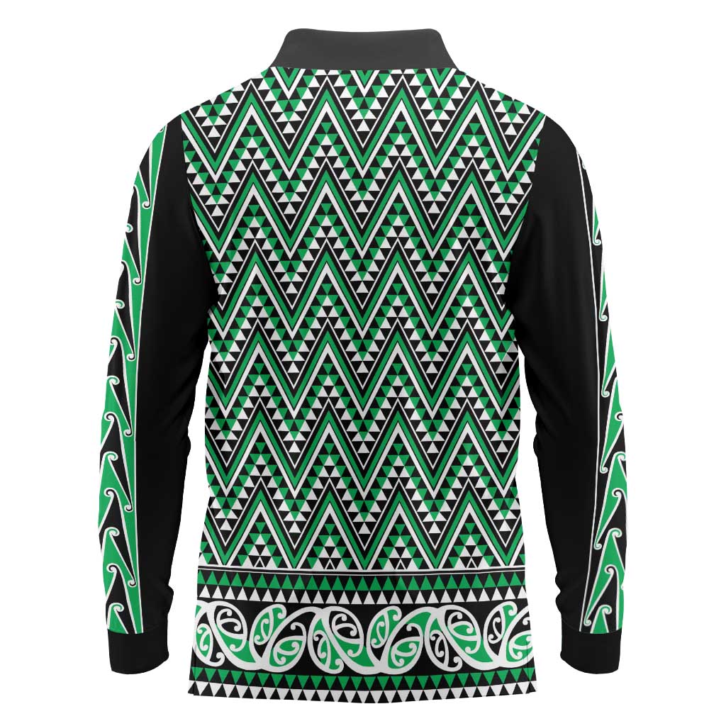 New Zealand Maori Niho Taniwha Long Sleeve Polo Shirt Kakariki Mangopare and Puhoro Pattern LT9 - Polynesian Pride