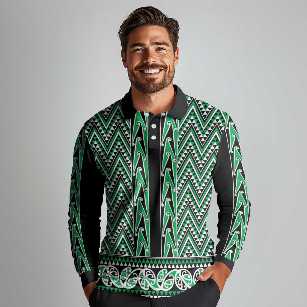 New Zealand Maori Niho Taniwha Long Sleeve Polo Shirt Kakariki Mangopare and Puhoro Pattern LT9 - Polynesian Pride