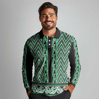 New Zealand Maori Niho Taniwha Long Sleeve Polo Shirt Kakariki Mangopare and Puhoro Pattern LT9 - Polynesian Pride