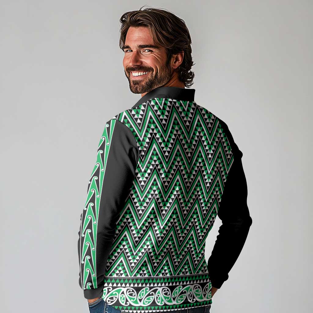 New Zealand Maori Niho Taniwha Long Sleeve Polo Shirt Kakariki Mangopare and Puhoro Pattern LT9 - Polynesian Pride