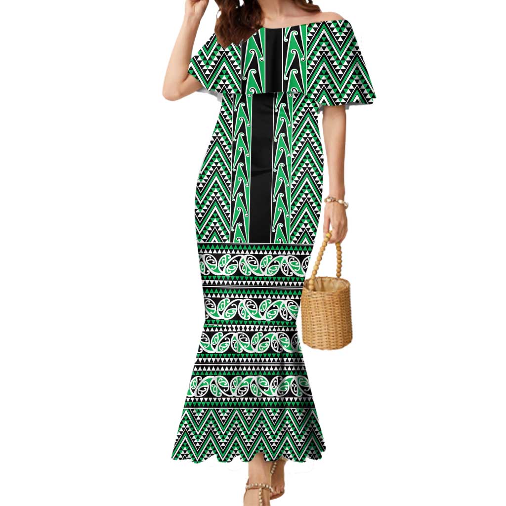 New Zealand Maori Niho Taniwha Mermaid Dress Kakariki Mangopare and Puhoro Pattern LT9 Women Green - Polynesian Pride