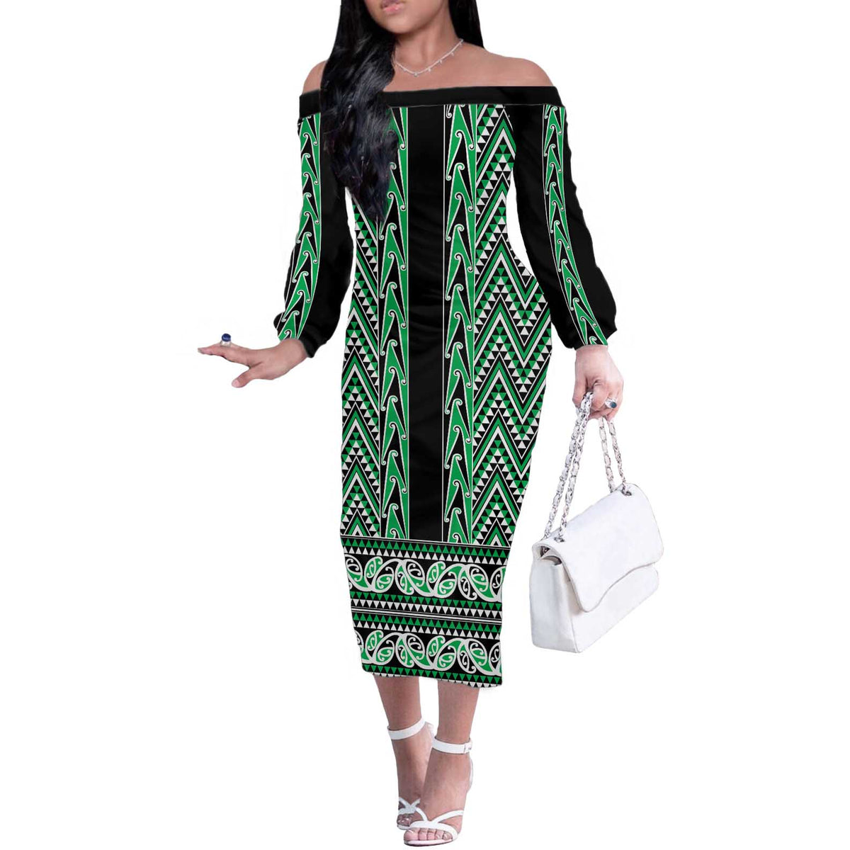 New Zealand Maori Niho Taniwha Off The Shoulder Long Sleeve Dress Kakariki Mangopare and Puhoro Pattern LT9 Women Green - Polynesian Pride