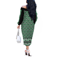 New Zealand Maori Niho Taniwha Off The Shoulder Long Sleeve Dress Kakariki Mangopare and Puhoro Pattern LT9 - Polynesian Pride
