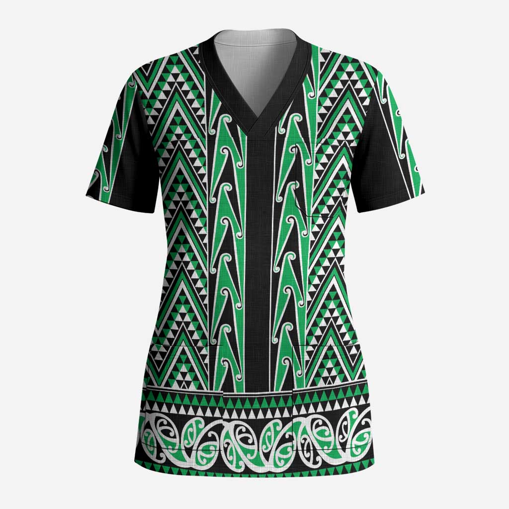 New Zealand Maori Niho Taniwha Scrub Top Kakariki Mangopare and Puhoro Pattern - Polynesian Pride