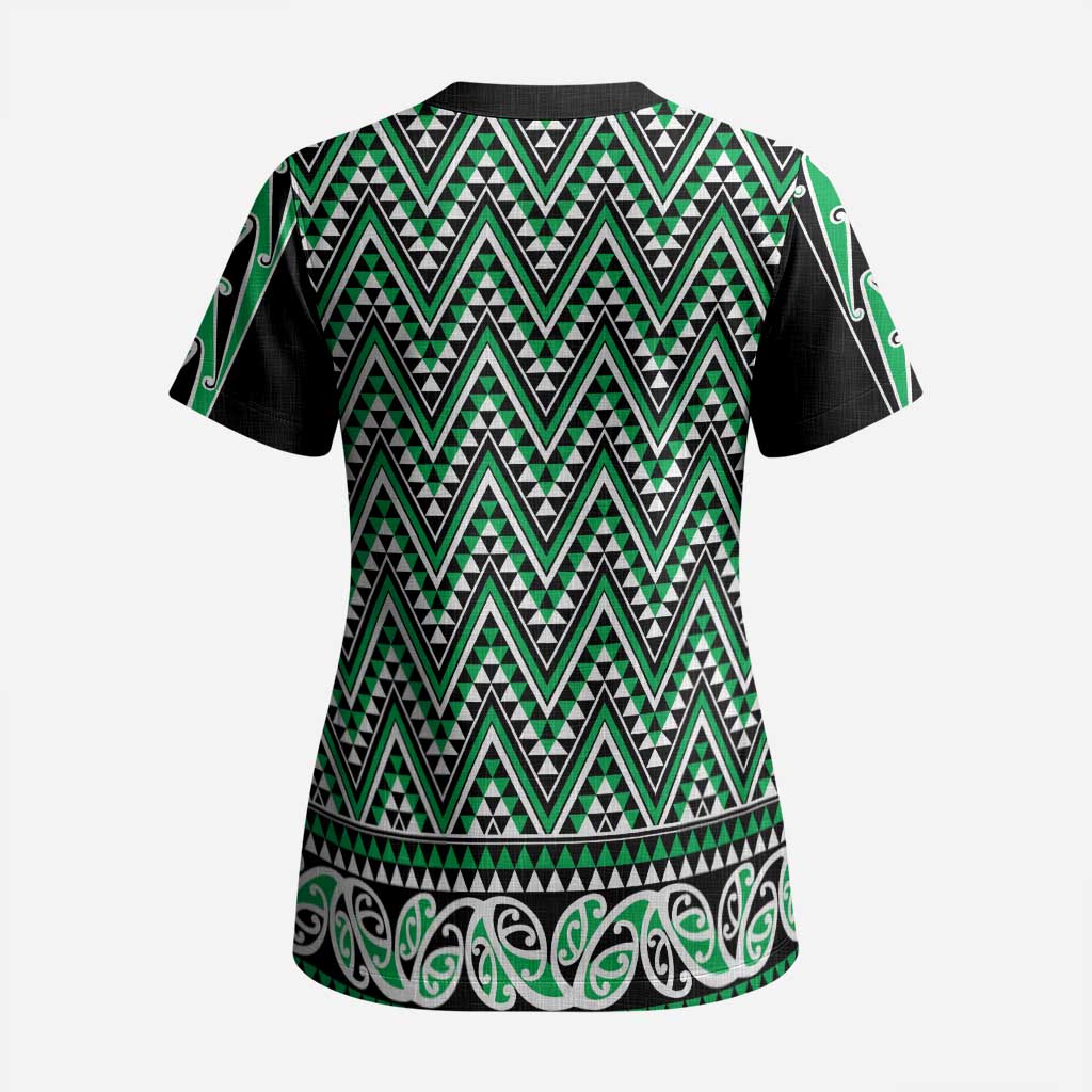 New Zealand Maori Niho Taniwha Scrub Top Kakariki Mangopare and Puhoro Pattern - Polynesian Pride