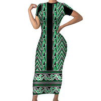New Zealand Maori Niho Taniwha Short Sleeve Bodycon Dress Kakariki Mangopare and Puhoro Pattern LT9 Long Dress Green - Polynesian Pride