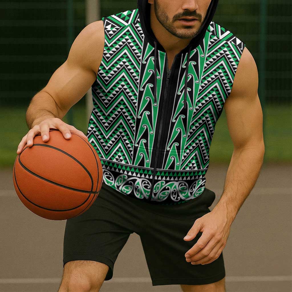 New Zealand Maori Niho Taniwha Sleeveless Zip Hoodie Kakariki Mangopare and Puhoro Pattern LT9 - Polynesian Pride