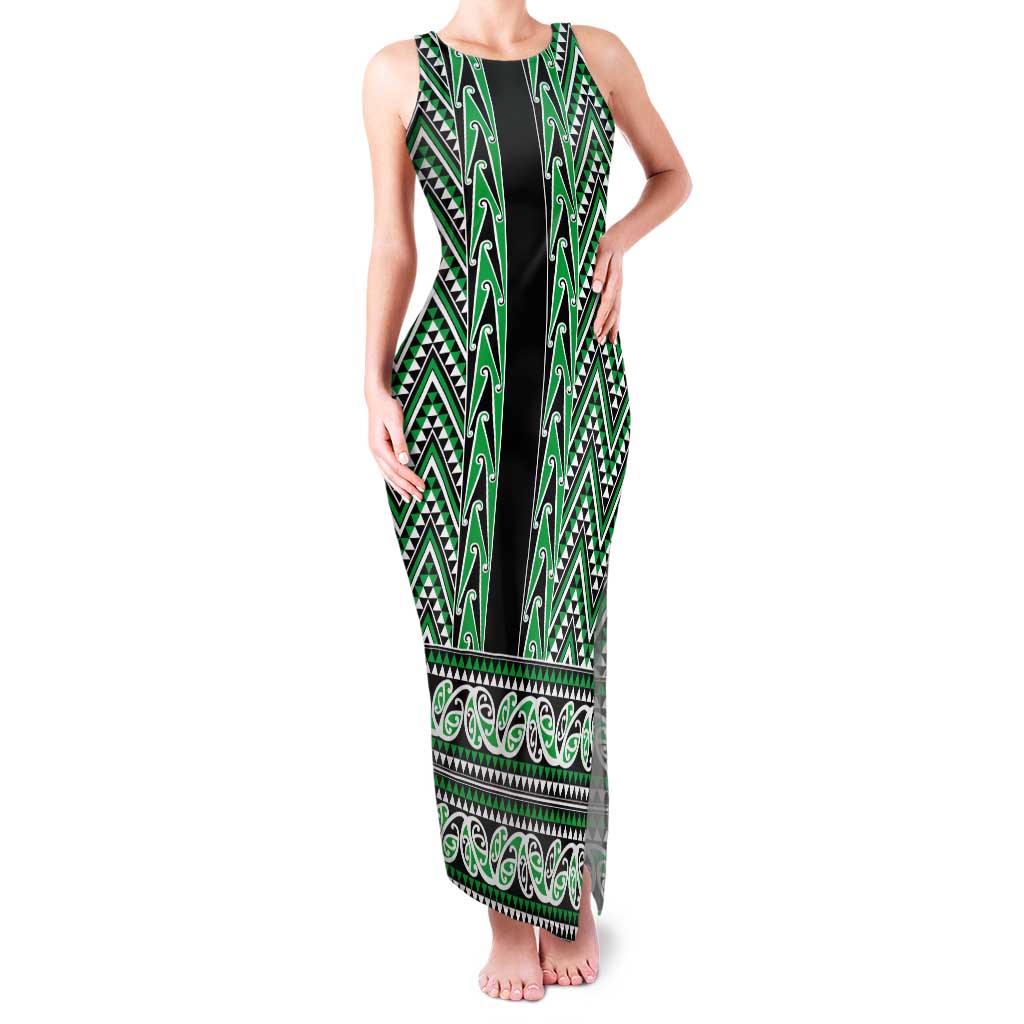 New Zealand Maori Niho Taniwha Tank Maxi Dress Kakariki Mangopare and Puhoro Pattern LT9 Women Green - Polynesian Pride