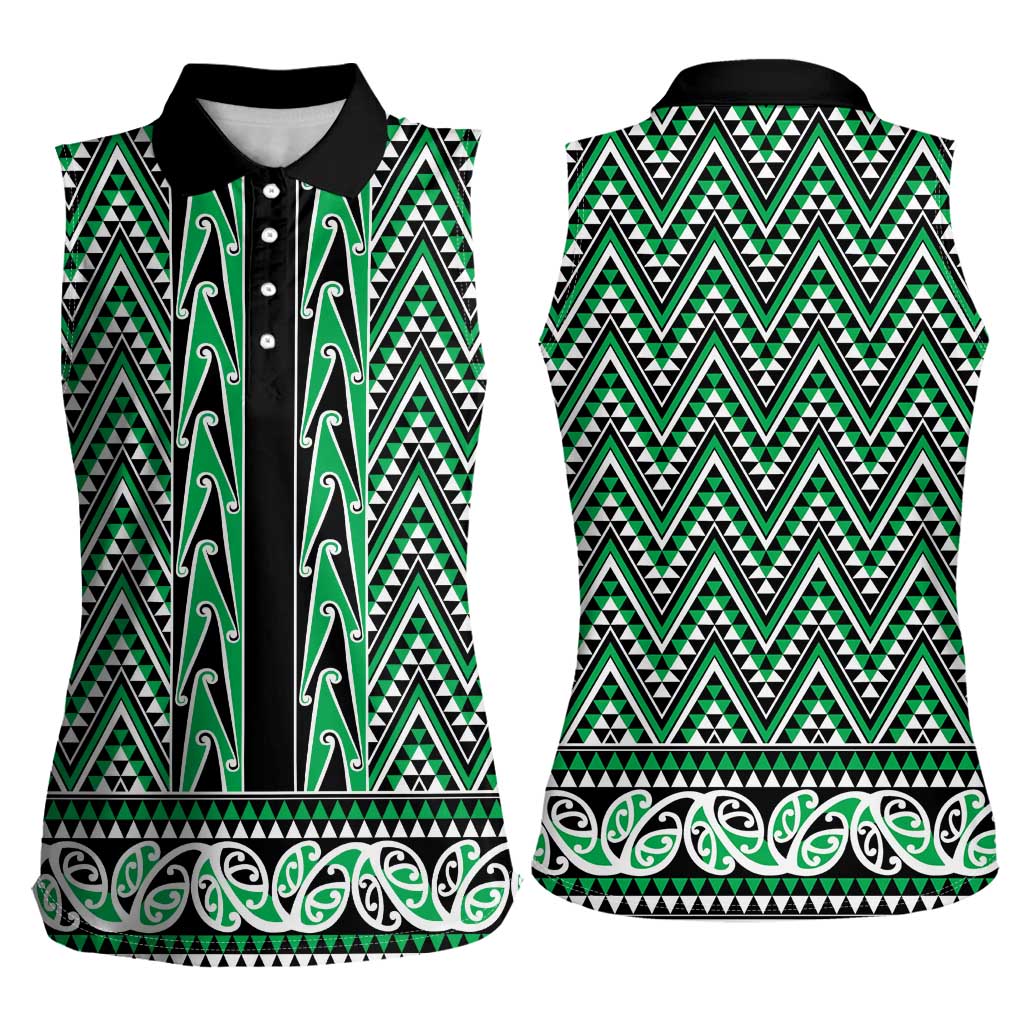 New Zealand Maori Niho Taniwha Women Sleeveless Polo Shirt Kakariki Mangopare and Puhoro Pattern LT9 - Polynesian Pride