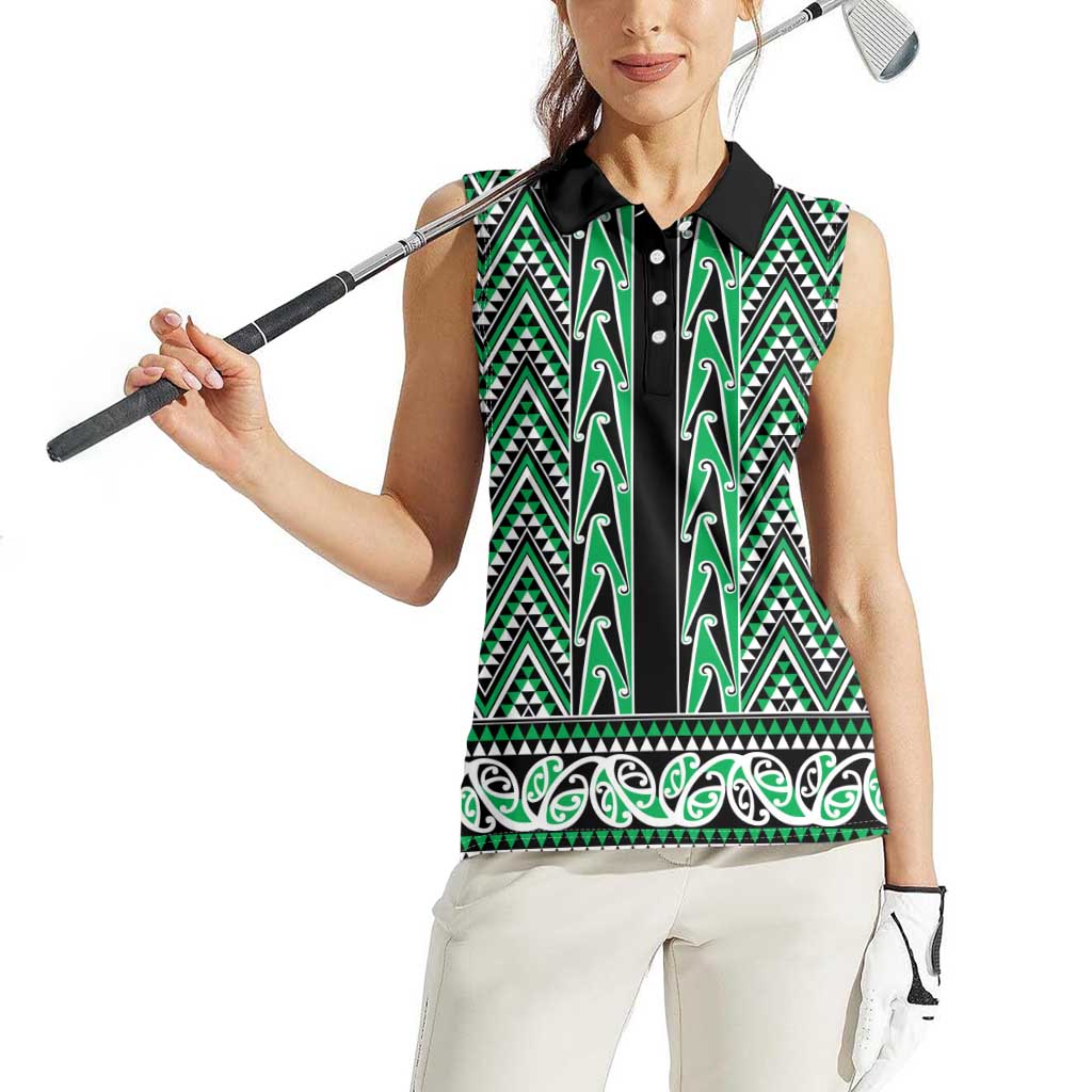 New Zealand Maori Niho Taniwha Women Sleeveless Polo Shirt Kakariki Mangopare and Puhoro Pattern LT9 - Polynesian Pride