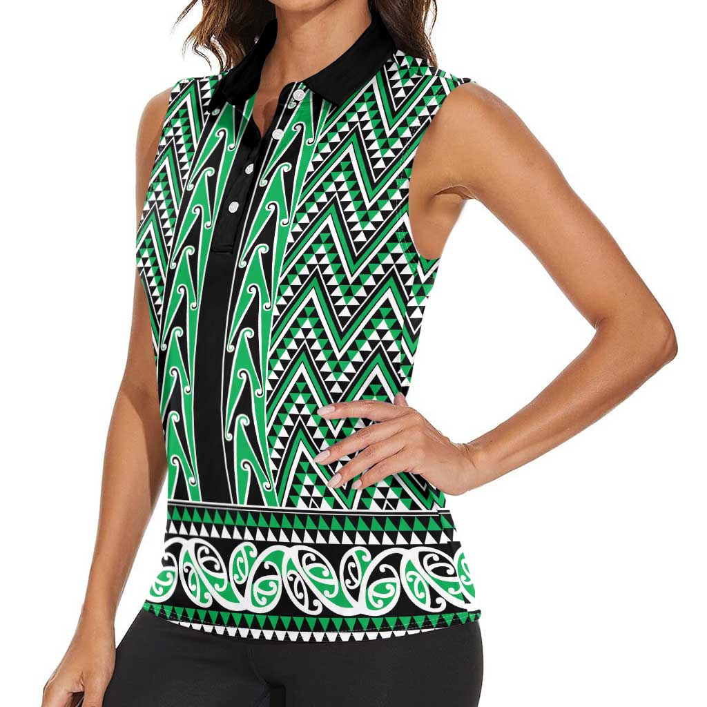 New Zealand Maori Niho Taniwha Women Sleeveless Polo Shirt Kakariki Mangopare and Puhoro Pattern LT9 - Polynesian Pride