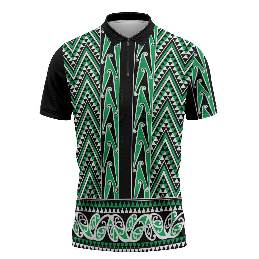 New Zealand Maori Niho Taniwha Zipper Polo Shirt Kakariki Mangopare and Puhoro Pattern LT9 Green - Polynesian Pride