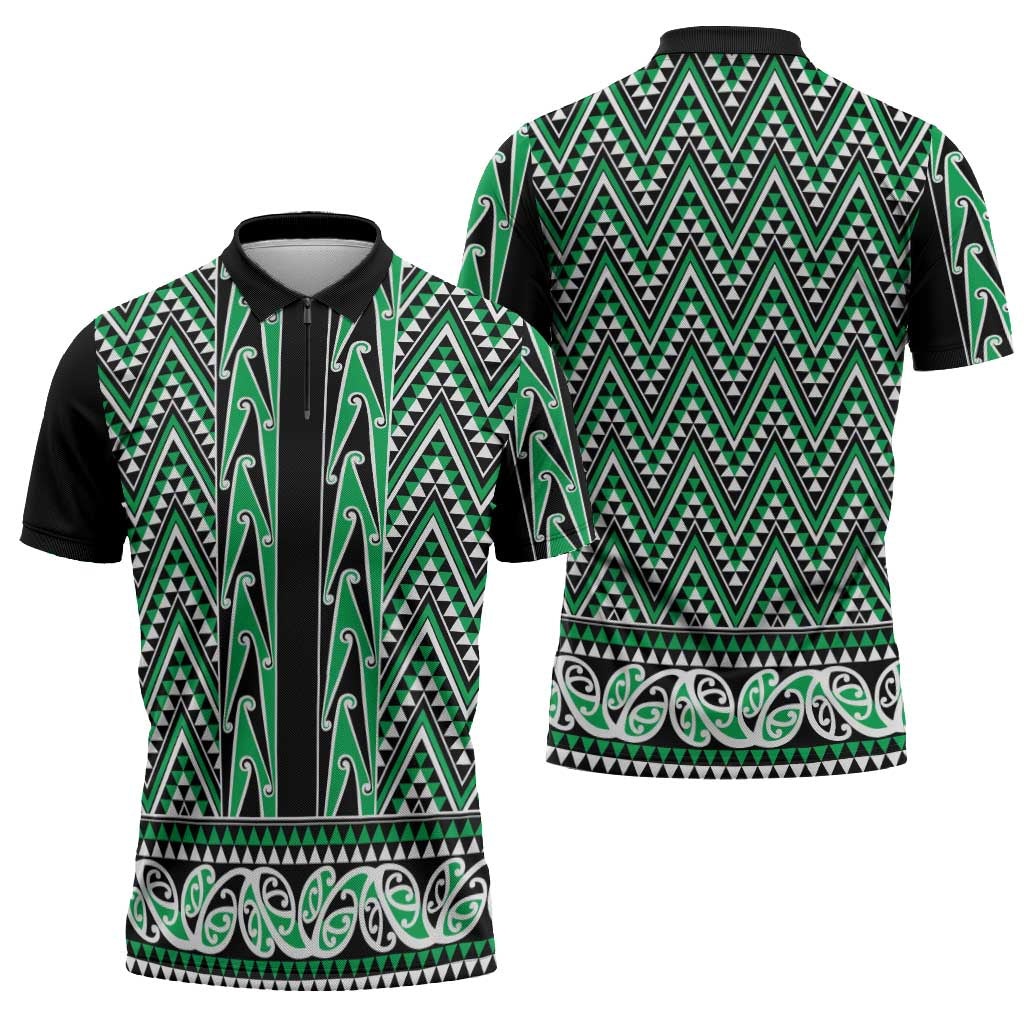 New Zealand Maori Niho Taniwha Zipper Polo Shirt Kakariki Mangopare and Puhoro Pattern LT9 - Polynesian Pride