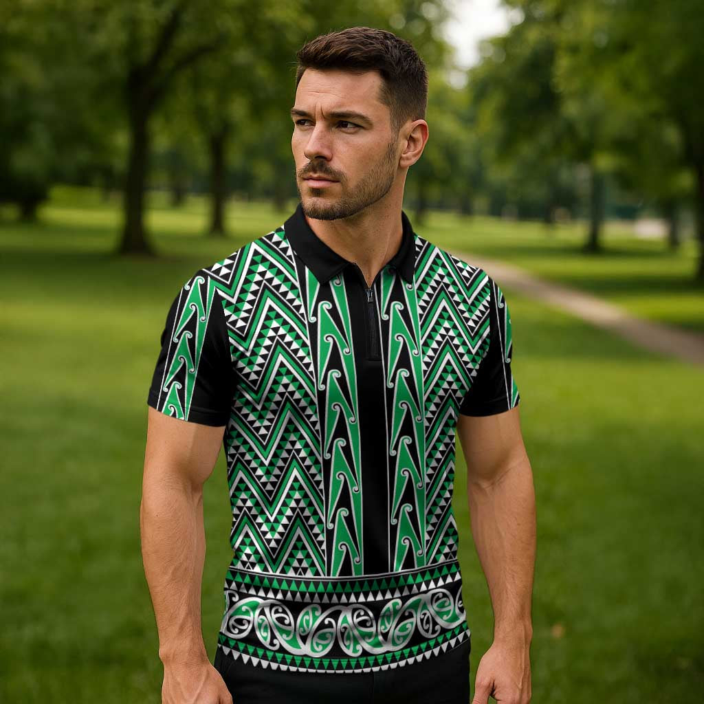 New Zealand Maori Niho Taniwha Zipper Polo Shirt Kakariki Mangopare and Puhoro Pattern LT9 - Polynesian Pride