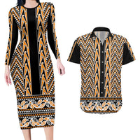 New Zealand Maori Niho Taniwha Couples Matching Long Sleeve Bodycon Dress and Hawaiian Shirt Karaka Mangopare and Puhoro Pattern LT9 Gold - Polynesian Pride